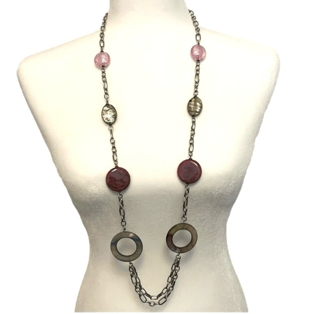 Long Statement Necklace Has Two Large Stones of Pink Tourmaline High Polish